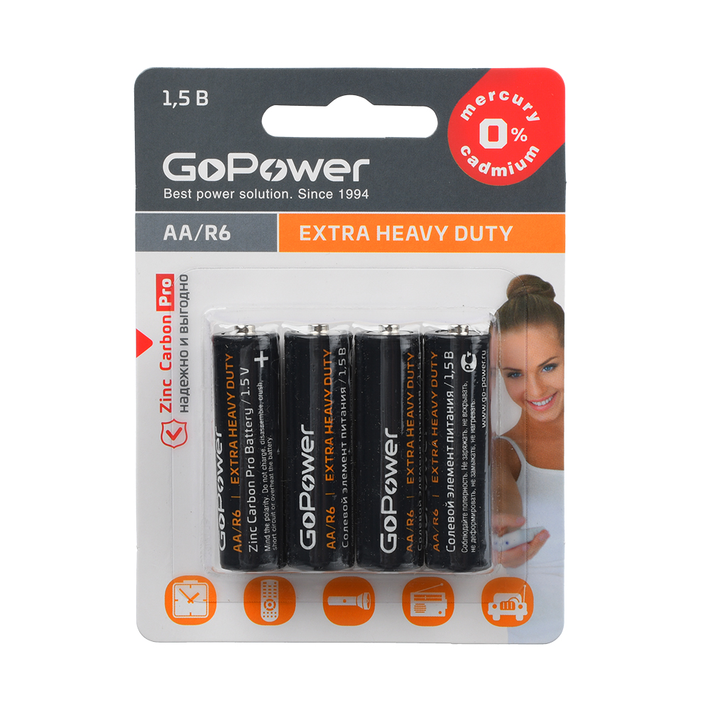 Батарейка GoPower R6 AA BL4 Heavy Duty 1.5V (4/48/576) 