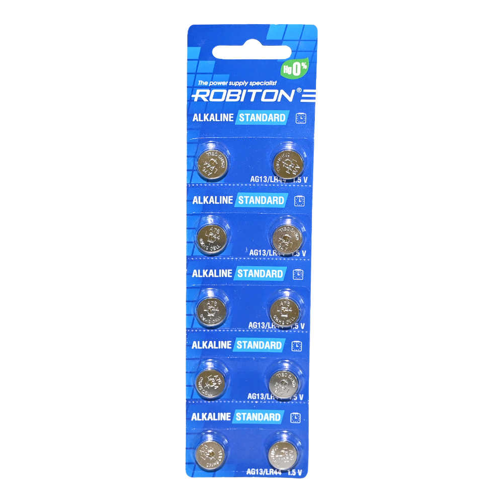 Батарейки ROBITON STANDARD R-AG13-0-BL10 (0% Hg) AG13 LR44 357 A76 МЦ-1154 BL10(блистер 10)