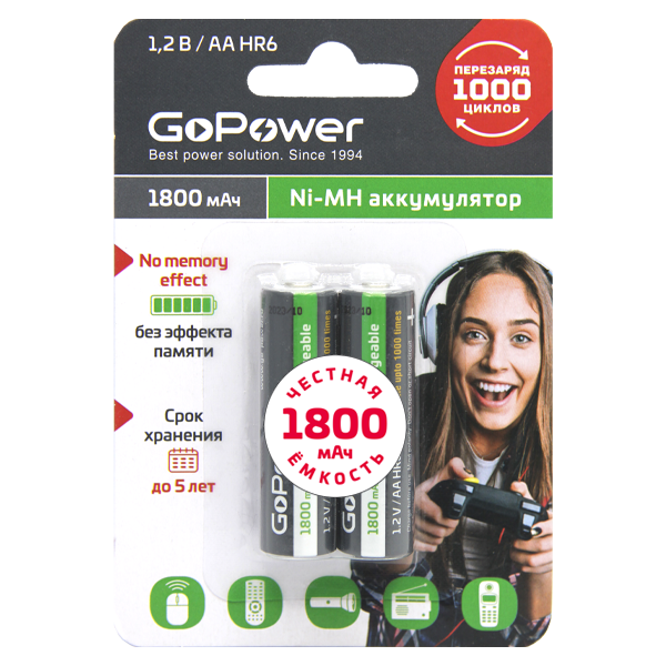 Аккумулятор бытовой GoPower HR6 AA BL2 NI-MH 1800mAh (2/20/240) 