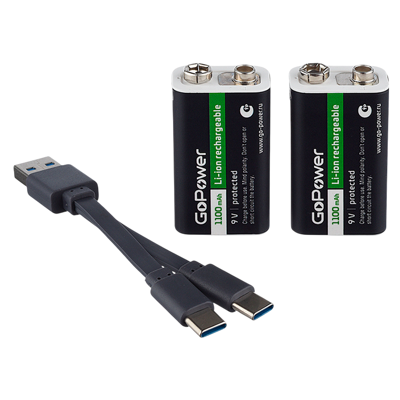 Аккумулятор бытовой GoPower Крона БОКС2 Li-ion 9V 1100mAh Type-C (2/50/200) (в упаковке 2шт)